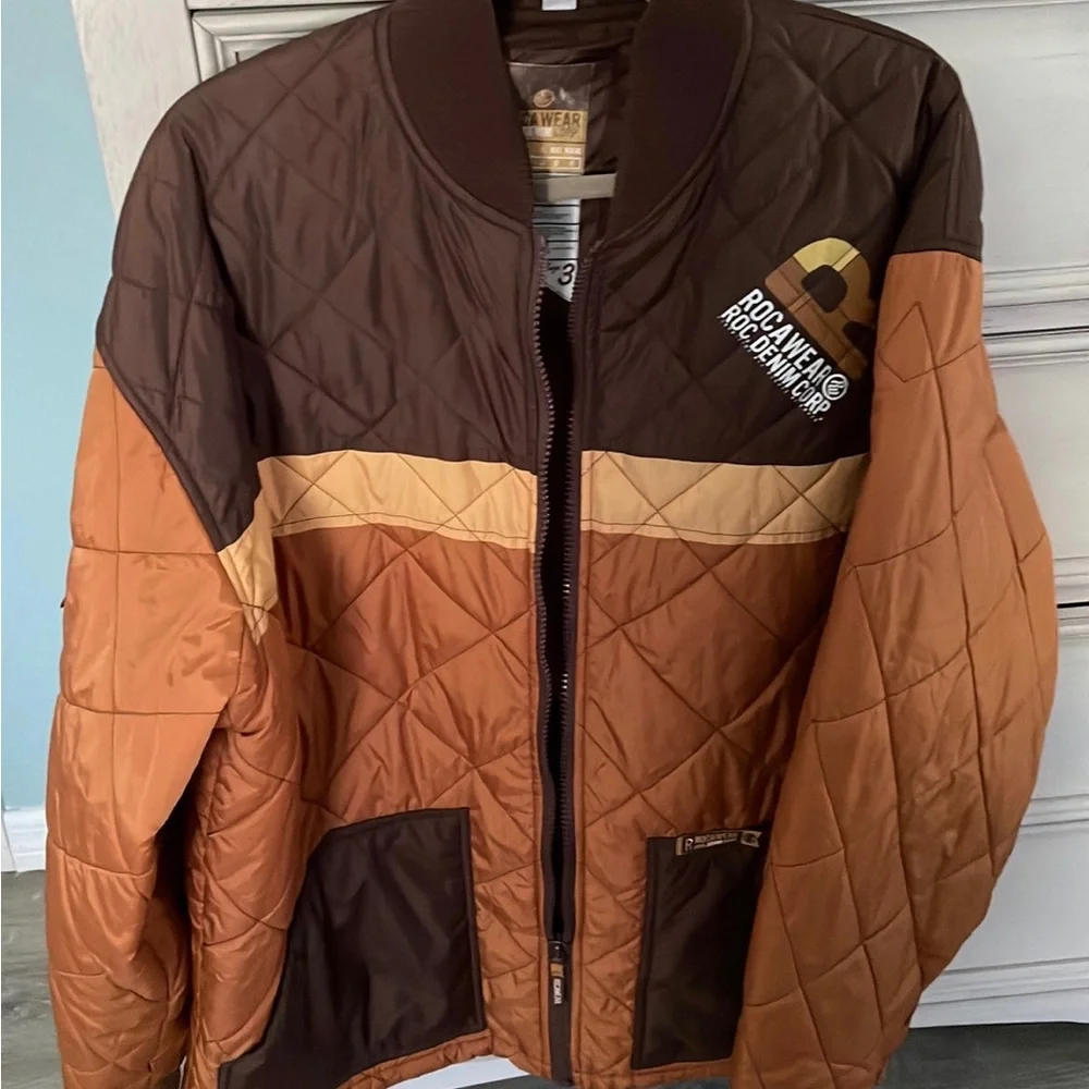 Rocawear Jacket ROC Denim Corp Brown Quilted Puffer Color Block Large Size 3 - Picture 12 of 12